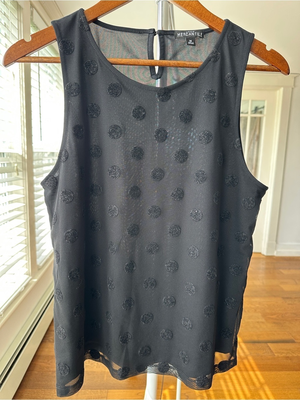 J. Crew Black Polka Dot Sleeveless Tank, Round Neckline, Relaxed Fit